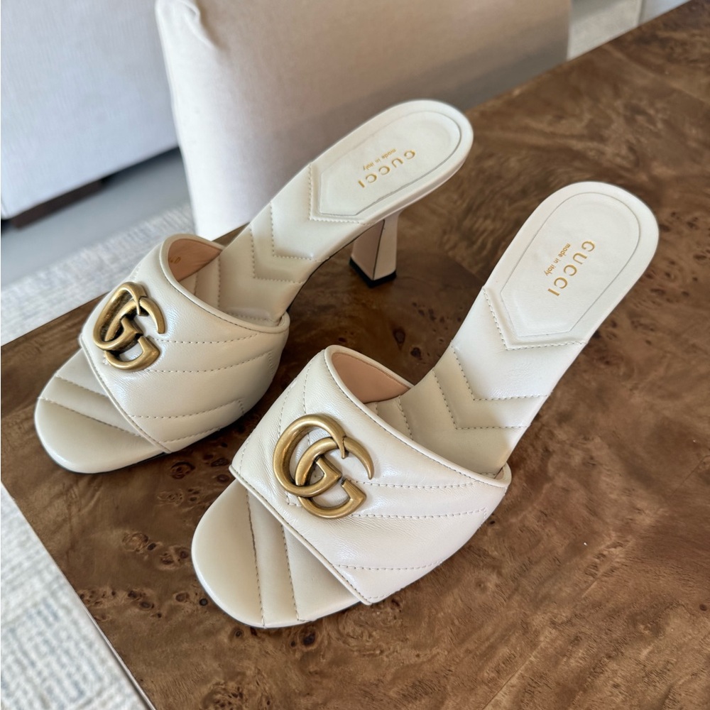 Gucci Cream Quilted GG Logo Heeled Slide Mules
